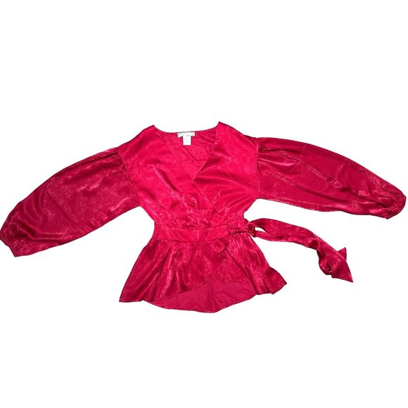 A Calin Red Wrap Blouse Small Flying Tomato Tie Waist Puff Sleeve Peplum Top Sm - Picture 6 of 10